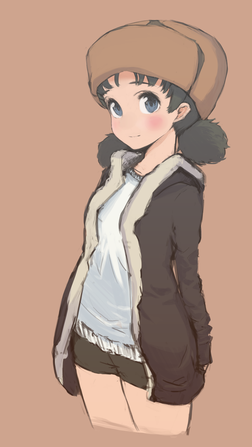 1girl arms_behind_back bangs blue_eyes boots brown_coat brown_hair brown_hat brown_shorts casual closed_mouth coat commentary cowboy_shot cropped_legs fur-trimmed_coat fur_hat fur_trim girls_und_panzer hat highres hooded_coat light_blush long_sleeves looking_at_viewer mityubi nina_(girls_und_panzer) shirt short_hair short_shorts short_twintails shorts simple_background smile solo standing twintails ushanka white_shirt