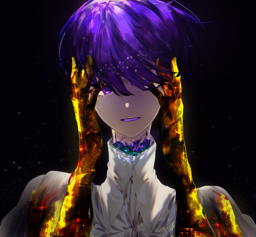 1other androgynous bangs blue_eyes blue_hair blunt_bangs crack crystal_hair golden_arms hair_over_one_eye hands_on_own_face houseki_no_kuni kanmiya_(amamia06-16) looking_at_viewer phosphophyllite phosphophyllite_(ll) short_hair solo spoilers upper_body