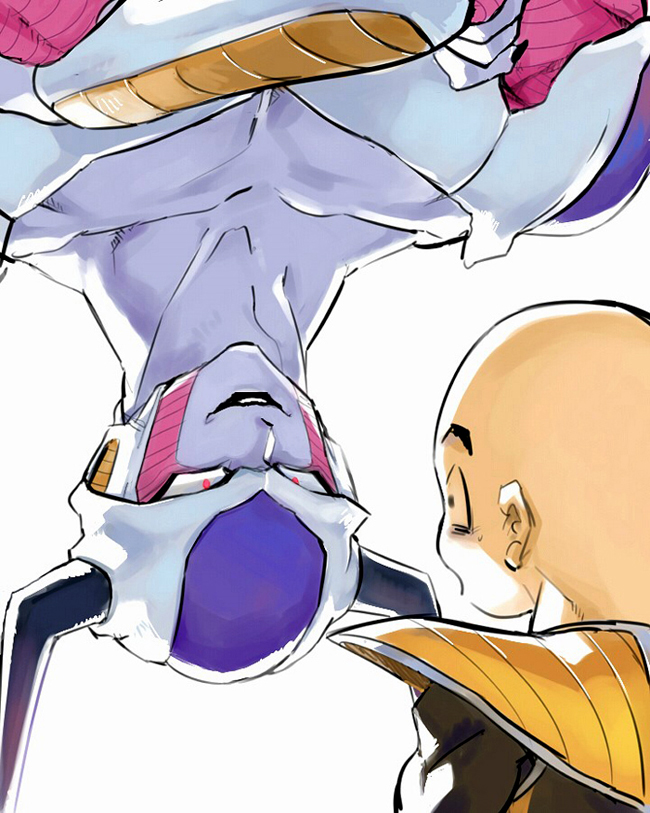 2boys akame_(chokydaum) armor bald crossed_arms d: dragon_ball dragonball_z evil_smile eye_contact fingernails frieza horns kuririn looking_at_another male_focus multiple_boys nervous open_mouth profile red_eyes scared shocked_eyes simple_background smile sweatdrop upside-down white_background