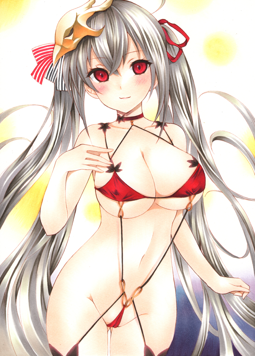 1girl ahoge azur_lane bangs bare_shoulders black_choker blush breasts choker cleavage closed_mouth cowboy_shot crossed_bangs empty_eyes eyebrows_visible_through_hair gluteal_fold grey_hair groin hair_between_eyes hair_ribbon halterneck hand_up highres large_breasts long_hair looking_at_viewer marker_(medium) navel red_eyes red_ribbon red_swimsuit ribbon smile solo swimsuit taihou_(azur_lane) traditional_media twintails under_boob very_long_hair yoruoujito-tsukinohime