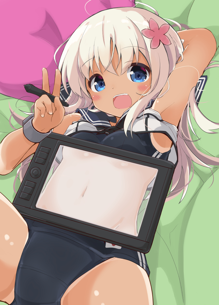 1girl armpits arms_behind_head bangs bed blue_eyes blush breasts collarbone commentary_request drawing_tablet eyebrows_visible_through_hair flower hair_between_eyes hair_flower hair_ornament kantai_collection long_hair looking_at_viewer lying navel on_back on_bed one-piece_swimsuit one-piece_tan open_mouth pillow ro-500_(kantai_collection) sailor_collar school_swimsuit school_uniform serafuku small_breasts smile solar_milk solo stomach stylus swimsuit swimsuit_under_clothes tablet_pc tan tanline under_boob v white_hair