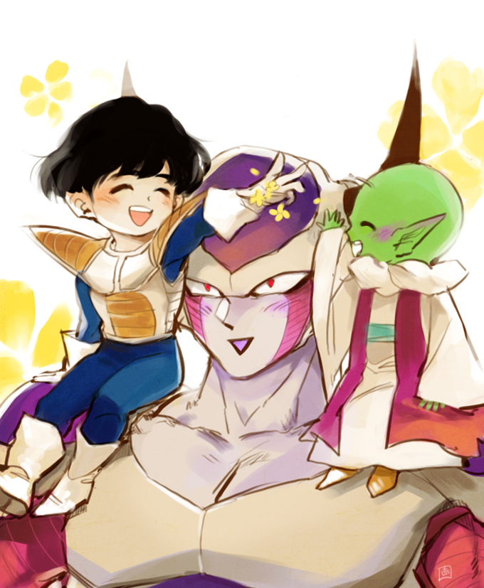 3boys :&gt; :d ^_^ akame_(chokydaum) antennae armor black_hair blush boots carrying carrying_over_shoulder closed_eyes closed_eyes dende dragon_ball dragonball_z floral_background flower frieza full_body gloves happy height_difference horns looking_up male_focus multiple_boys open_mouth petals pointy_ears profile red_eyes simple_background sitting smile son_gohan upper_body white_background white_gloves yellow_flower