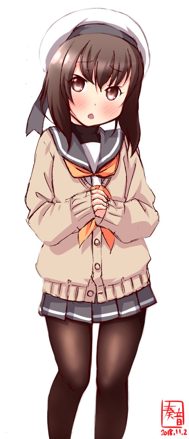 1girl artist_logo black_legwear brown_cardigan brown_eyes brown_hair cardigan chestnut_mouth commentary_request dated eyebrows_visible_through_hair feet_out_of_frame grey_sailor_collar grey_skirt hands_clasped hat highres kanon_(kurogane_knights) kantai_collection looking_at_viewer own_hands_together pantyhose pleated_skirt sailor_collar sailor_hat school_uniform serafuku short_hair simple_background skirt sleeves_past_wrists solo standing taihou_(kantai_collection) white_background white_hat