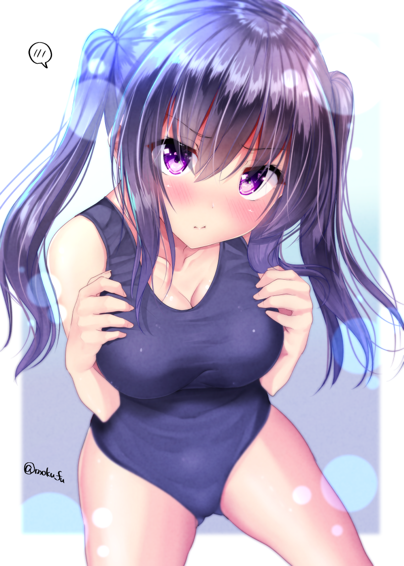 1girl bangs bare_arms bare_shoulders blue_swimsuit blush breasts cleavage collarbone cowboy_shot eyebrows_visible_through_hair fingernails gluteal_fold hair_between_eyes hands_on_own_chest hands_up head_tilt large_breasts long_hair mokufuu one-piece_swimsuit original purple_hair school_swimsuit sidelocks solo spoken_blush swimsuit twintails twitter_username very_long_hair violet_eyes white_background