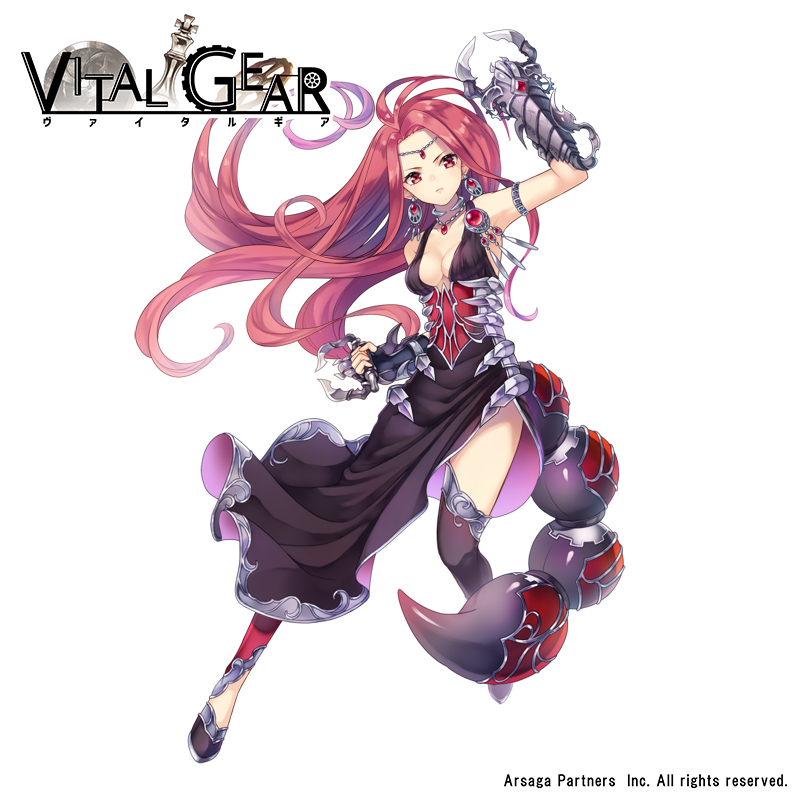 1girl arm_up armlet black_dress black_legwear breasts brown_eyes circlet cleavage company_name copyright_name dress earrings full_body gauntlets gears jewelry kasuka108 long_hair medium_breasts official_art pink_hair scorpion_tail solo tail very_long_hair vital_gear watermark white_background