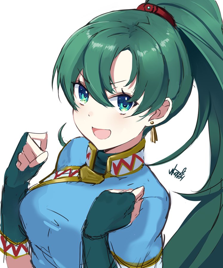 1girl earrings fingerless_gloves fire_emblem fire_emblem:_rekka_no_ken fire_emblem_heroes gloves green_eyes green_hair high_ponytail jewelry long_hair lyndis_(fire_emblem) nintendo open_mouth ponytail ringozaka_mariko smile