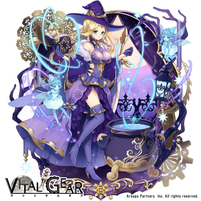 3girls blonde_hair blue_eyes blue_skin book boots breasts cauldron company_name copyright_name dress fairy full_body fulll_moon gears gloves hands_on_hips hat high_heel_boots high_heels kasuka108 lantern large_breasts long_hair looking_at_viewer magic multiple_girls official_art open_book purple_dress purple_footwear purple_gloves purple_hat purple_sky side_cutout standing standing_on_one_leg thigh-highs thigh_boots vital_gear water watermark white_background wide_sleeves witch_hat