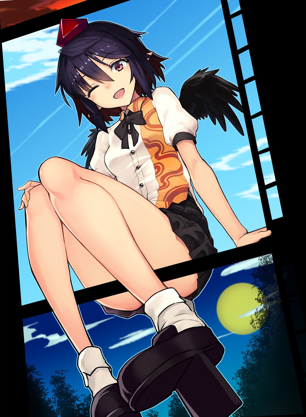 1girl ;d bangs bare_legs black_footwear black_hair black_neckwear black_skirt black_wings blue_sky bow bowtie breasts buttons collared_shirt commentary_request convenient_leg day dress_shirt eyebrows_visible_through_hair feathered_wings film_strip foreshortening fourth_wall full_moon geta hair_between_eyes hand_on_own_knee hat highres looking_at_viewer medium_hair miniskirt moon night night_sky one_eye_closed open_mouth pointy_ears puffy_sleeves red_eyes red_hat shameimaru_aya shirt shoes sitting skirt sky small_breasts smile socks solo taketora_suzume tengu-geta tokin_hat touhou white_legwear white_shirt wing_collar wings