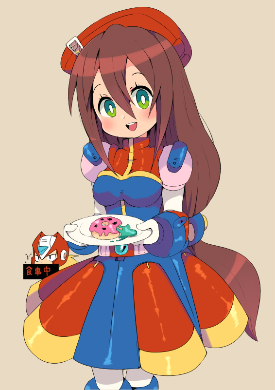 1girl android beret blush breasts brown_hair capcom doughnut dress food gloves green_eyes hair_between_eyes hat holding holding_plate iris_(rockman_x) long_hair low-tied_long_hair medium_breasts military_hat miyata_(lhr) open_mouth plate rockman rockman_x rockman_x4 simple_background smile solo very_long_hair zero_(rockman)