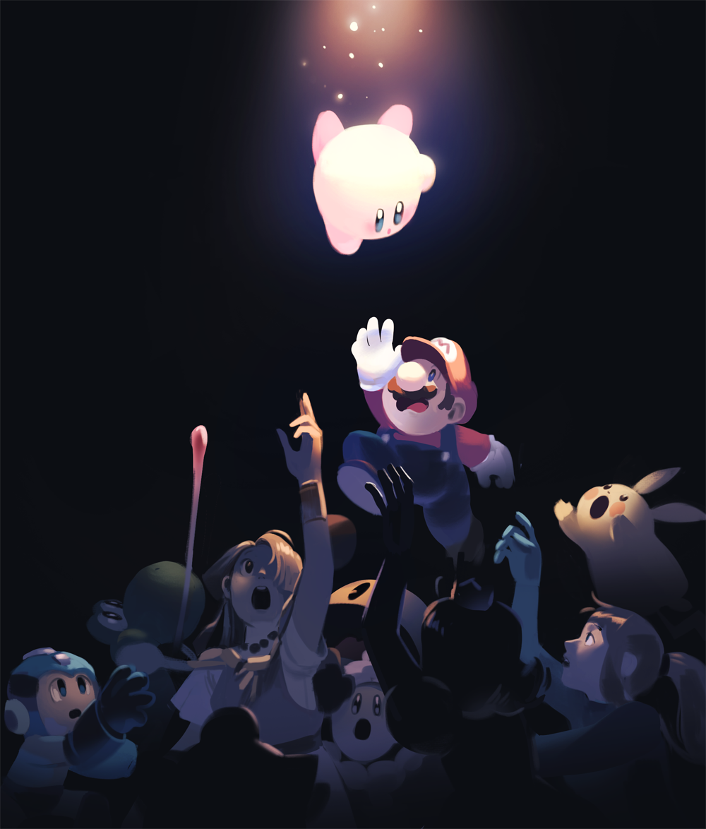 2girls 4boys 5others arm_cannon big_nose bodysuit creatures_(company) dark_background dress facial_hair game_freak gen_1_pokemon gg_d.g. gloves hair_over_one_eye hat helmet hoshi_no_kirby ice_climber ice_climbers jewelry jigglypuff kirby kirby_(series) light light_particles long_hair long_tongue looking_up mario super_mario_bros. metroid multiple_boys multiple_girls mustache necklace nintendo overalls pac-man pac-man_(game) pikachu pokemon ponytail popo_(ice_climber) princess_daisy princess_zelda reaching_out red_hat rockman rockman_(character) rockman_(classic) samus_aran super_mario_bros. super_smash_bros. super_smash_bros._ultimate the_legend_of_zelda tongue tongue_out weapon yoshi
