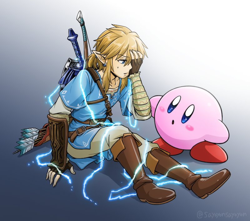 1boy blonde_hair blue_eyes earrings gloves hoshi_no_kirby jewelry kirby kirby_(series) link male_focus nintendo pointy_ears sayoyonsayoyo shield short_hair simple_background spoilers super_smash_bros. super_smash_bros._ultimate the_legend_of_zelda