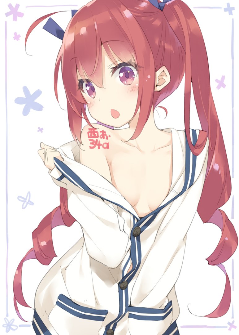 1girl bangs bare_shoulders blue_ribbon blush body_writing breasts chestnut_mouth collarbone commentary_request eyebrows_visible_through_hair fang hair_between_eyes hair_ribbon hand_in_pocket head_tilt long_hair long_sleeves looking_at_viewer no_bra off_shoulder open_mouth original peko redhead ribbon shimotsuki_potofu shirt sidelocks sleeves_past_wrists small_breasts solo twintails undressing very_long_hair violet_eyes white_background white_shirt