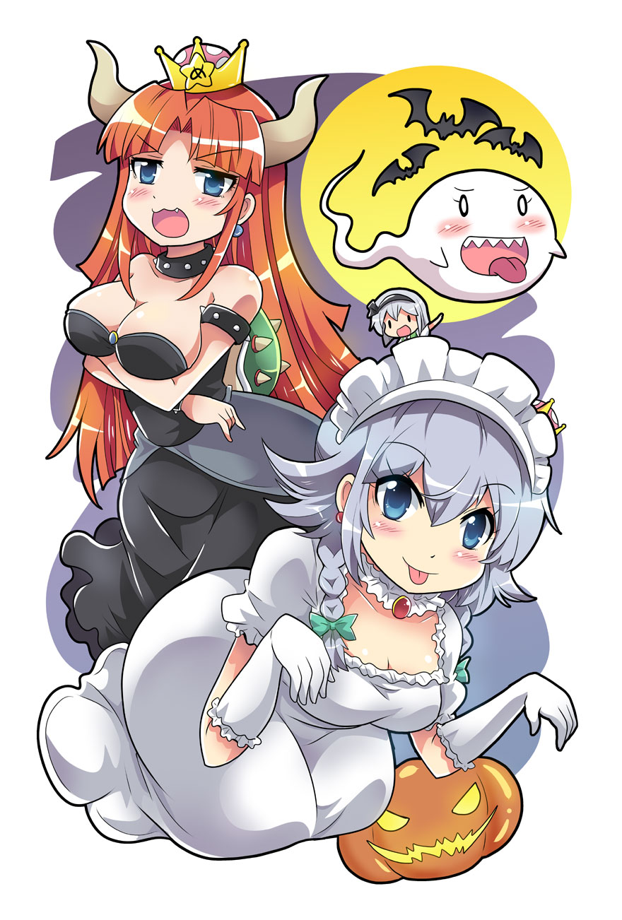 2girls 3girls bat blue_eyes blush_stickers boo bow bowsette bowsette_(cosplay) braid breast_hold breasts cleavage collar colonel_aki commentary_request cosplay crown earrings elbow_gloves fang full_moon ghost gloves green_eyes hair_between_eyes hair_bow hairband halloween highres hong_meiling horns izayoi_sakuya jack-o'-lantern jewelry konpaku_youmu large_breasts long_hair maid_headdress super_mario_bros. mini_crown moon multiple_girls new_super_mario_bros._u_deluxe nintendo princess_king_boo princess_king_boo_(cosplay) redhead sharp_teeth silver_hair smile spiked_collar spikes teeth tongue tongue_out touhou turtle_shell twin_braids wrist_cuffs