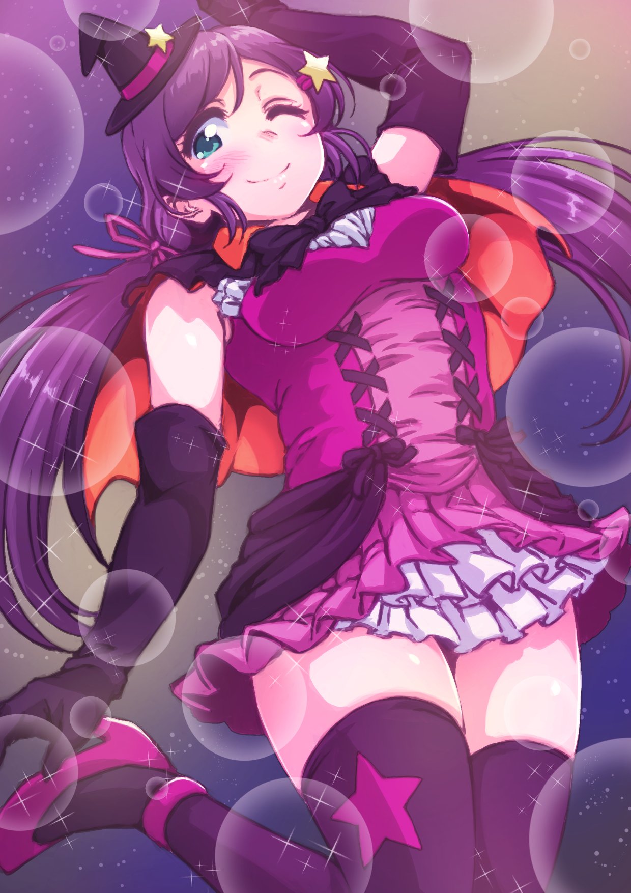 1girl ;) ankle_strap arm_up ayumu-k bangs black_gloves black_hat black_legwear black_neckwear blush bow bowtie breasts bubble capelet commentary_request dancing_stars_on_me! dress elbow_gloves gloves green_eyes hair_ornament hair_ribbon halloween hat highres jumping long_hair love_live! love_live!_school_idol_project medium_breasts one_eye_closed pink_dress pink_footwear pink_ribbon print_legwear purple_hair ribbon smile solo sparkle star star_hair_ornament star_hat_ornament star_print thigh-highs toujou_nozomi witch_hat