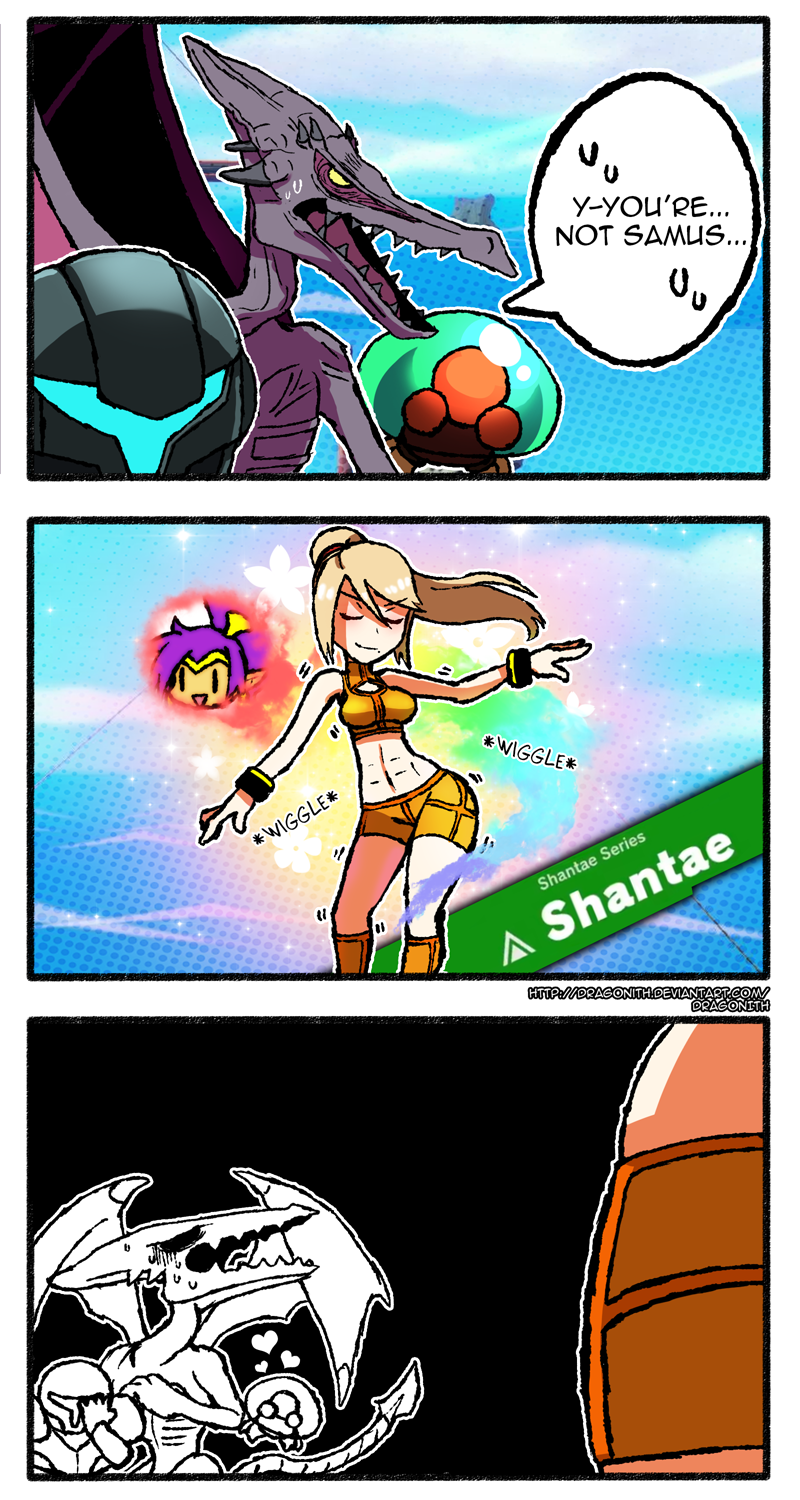 1girl 3koma abs blonde_hair breasts cleavage closed_eyes comic commentary dancing dark_samus dragonith english facepalm highres metroid metroid_(creature) mole mole_under_mouth monster nintendo outstretched_arms ponytail possessed ridley samus_aran shantae_(character) shantae_(series) short_shorts shorts smile speech_bubble super_smash_bros. super_smash_bros._ultimate sweat toned wristband |_|