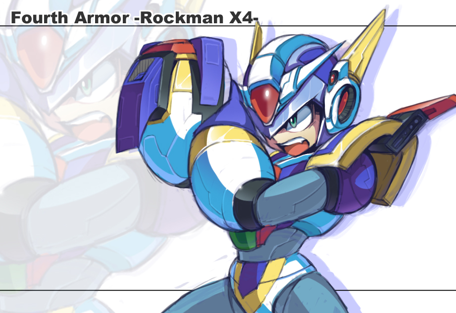 1boy android angry arm_cannon capcom commentary_request green_eyes helmet male_focus open_mouth power_armor rockman rockman_x rockman_x4 serious solo teeth tongue weapon white_background x_(rockman) yuusuke_(5yusuke3) zoom_layer