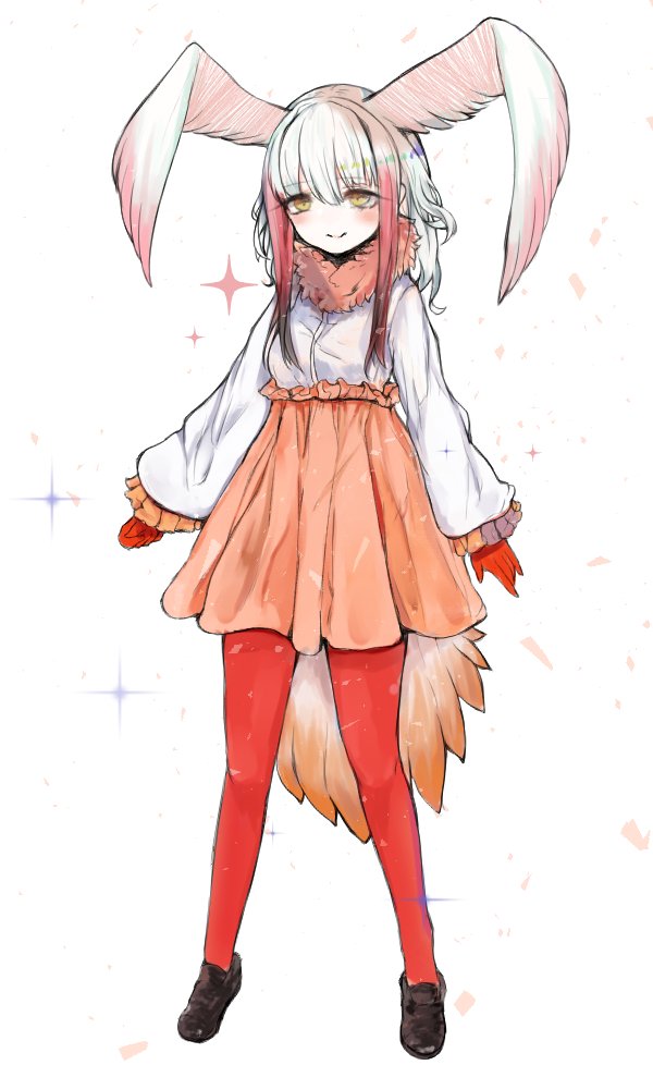 1girl alternate_costume bangs bird_tail bird_wings black_hair blush commentary dnsdltkfkd eyebrows_visible_through_hair frilled_skirt frilled_sleeves frills full_body fur_collar gloves head_wings high-waist_skirt japanese_crested_ibis_(kemono_friends) kemono_friends loafers long_sleeves multicolored_hair pantyhose pleated_skirt red_legwear redhead shoes short_hair sidelocks skirt solo sparkle white_hair wings yellow_eyes