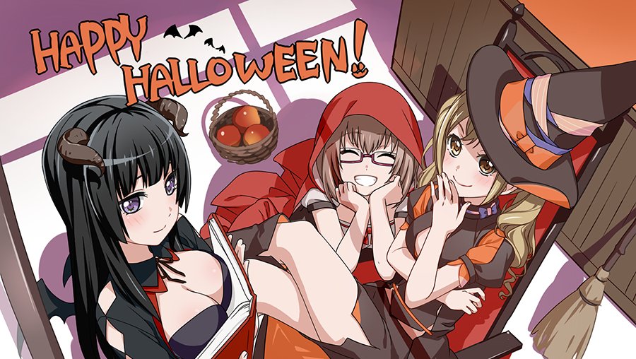 3girls apple bang_dream! bangs basket black_choker black_footwear black_hair black_hat black_skirt blonde_hair book boots breast_press breasts broom brown_hair chair chin_rest choker cleavage cloak commentary_request cosplay demon_horns demon_wings detached_collar food fruit glasses grin halloween hand_to_own_mouth happy_halloween hat hat_ribbon holding holding_book hood hooded_cloak horns ichigaya_arisa large_breasts legs_crossed little_red_riding_hood little_red_riding_hood_(grimm) little_red_riding_hood_(grimm)_(cosplay) long_hair looking_at_viewer multiple_girls official_art open_book orange_ribbon red_cloak ribbon semi-rimless_eyewear shirokane_rinko short_hair short_sleeves side_slit sitting skirt smile twintails under-rim_eyewear window_shade wings witch witch_hat yamato_maya yellow_eyes