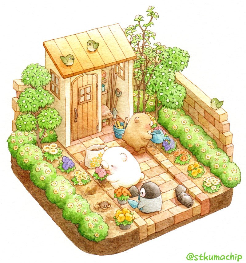 artist_name bear bird black_eyes blue_bow blue_neckwear blush bow bowtie bucket door flower gardening isometric looking_at_another looking_away mole no_humans original outdoors penguin red_bow red_neckwear shed shovel st.kuma stool tree trowel twitter_username watering watering_can