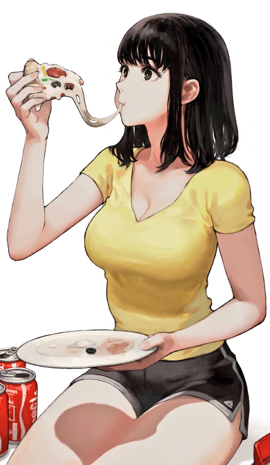 1girl black_hair brown_eyes can eating food highres holding jun_(seojh1029) medium_hair original pizza plate simple_background soda_can solo white_background