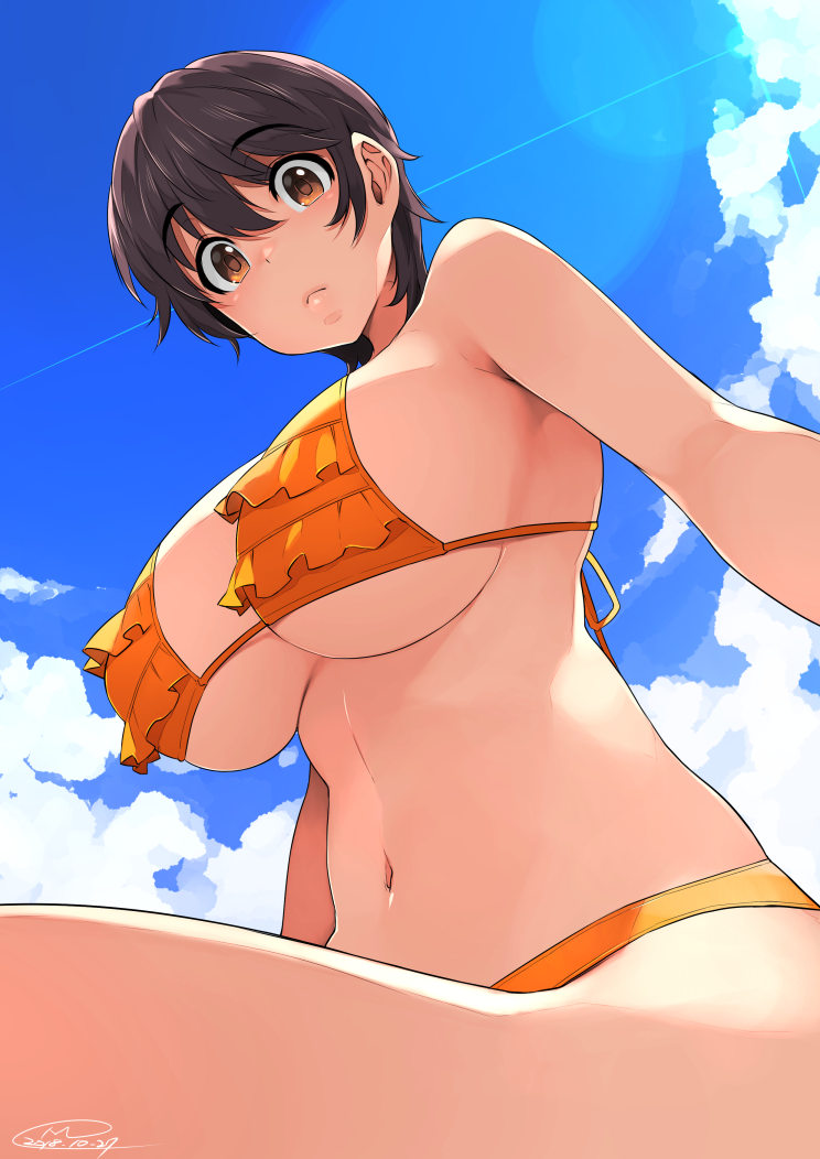 1girl bangs bare_shoulders bikini blue_sky breasts brown_eyes brown_hair cleavage closed_mouth eyebrows_visible_through_hair frilled_bikini frills hair_between_eyes happa_(cloverppd) idolmaster idolmaster_cinderella_girls large_breasts lens_flare looking_at_viewer navel oikawa_shizuku orange_bikini short_hair signature sky solo sunlight swimsuit thighs under_boob waist