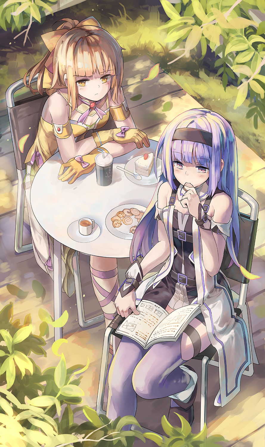 2girls ahoge bangs bare_shoulders belt biscuit blush book boots bow breasts brown_bow brown_dress brown_eyes brown_gloves brown_hair cake chair coffee cup day detached_collar detached_sleeves dress drink drinking_straw eating eyebrows_visible_through_hair folding_chair food from_above fruit gloves hair_bow hairband hand_up highres holding holding_book holding_food huanxiang_huifeng leaf long_hair mashiro_witch mug multiple_girls open_book outdoors plant plate ponytail purple_hair purple_legwear reading short_sleeves sidelocks sitting slice_of_cake small_breasts spoon strawberry table thigh-highs violet_eyes wrist_cuffs
