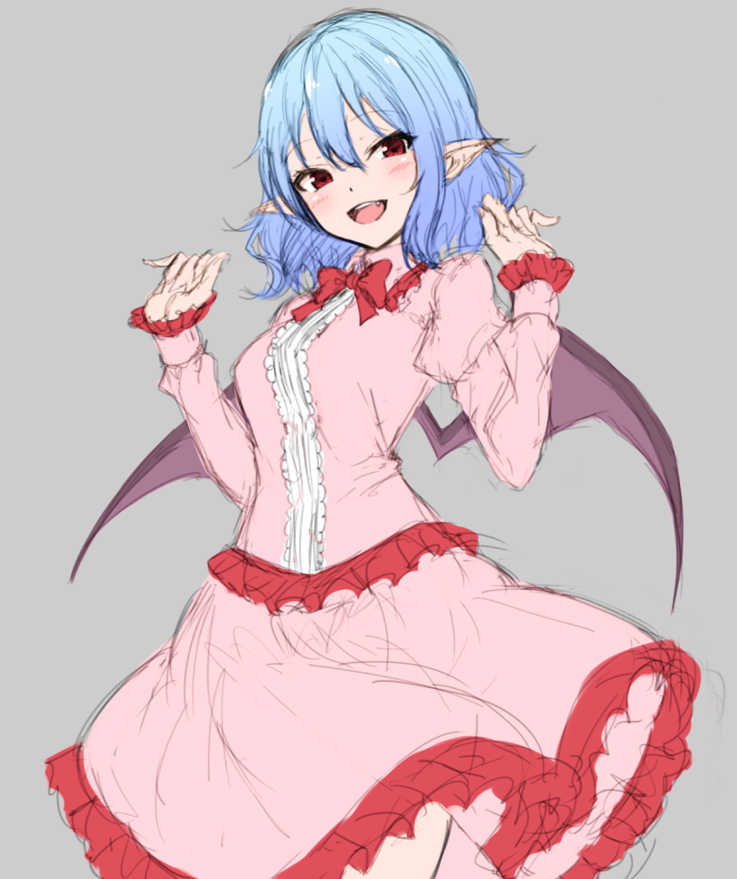 1girl :d bat_wings blue_hair bow bowtie grey_background junior27016 long_sleeves no_hat no_headwear open_mouth pink_skirt pointy_ears red_eyes red_neckwear remilia_scarlet short_hair simple_background sketch skirt smile solo touhou wings