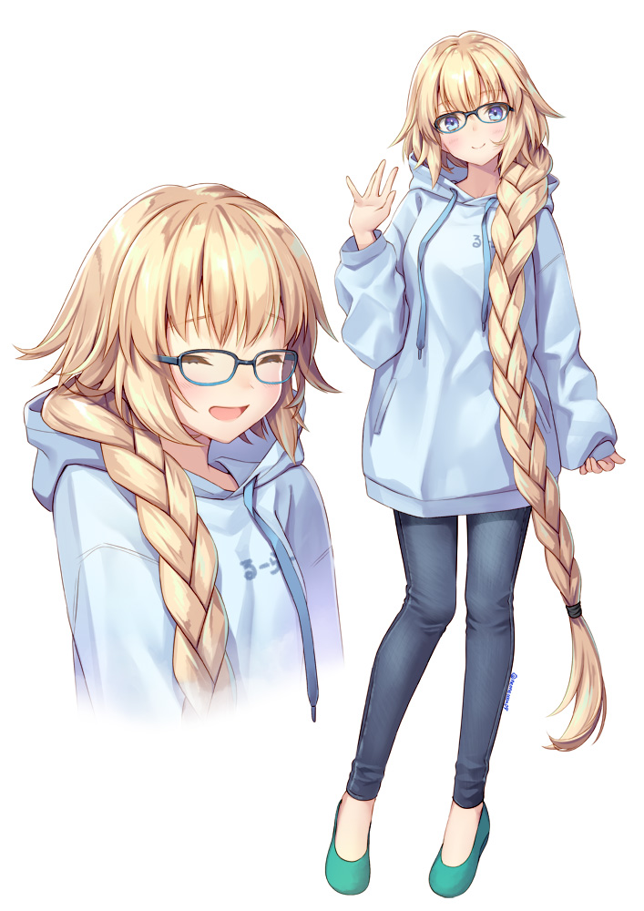 1girl bangs blonde_hair blue-framed_eyewear blue_eyes blush braid closed_eyes closed_mouth contemporary denim fate/grand_order fate_(series) full_body glasses jeanne_d'arc_(fate) jeanne_d'arc_(fate)_(all) jeans long_braid long_hair multiple_views ne-on open_mouth pants single_braid smile very_long_hair waving white_background