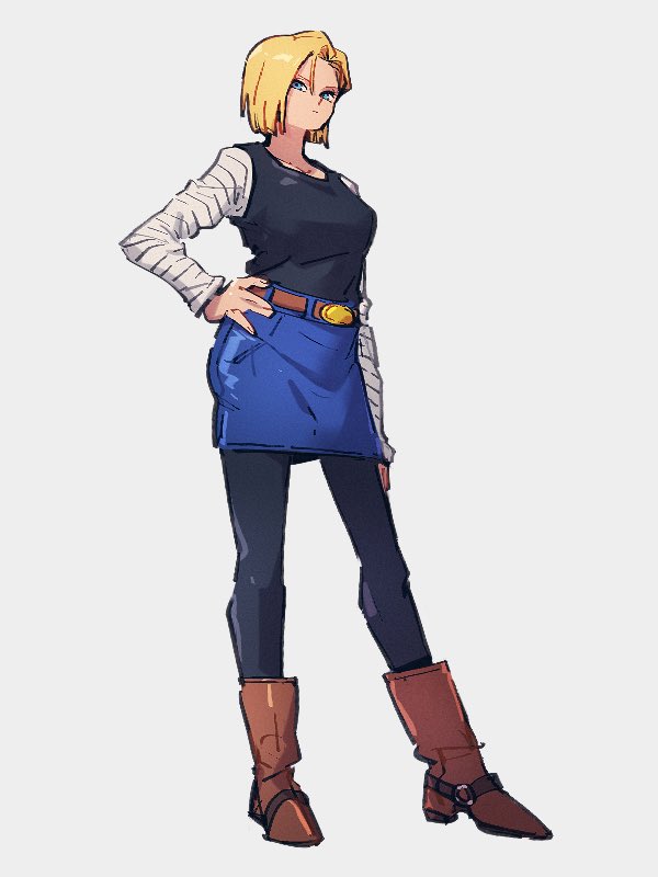 1girl android_18 black_shirt blonde_hair blue_eyes blue_skirt boots brown_footwear closed_mouth denim denim_skirt dragon_ball dragon_ball_z full_body grey_background hand_on_hip kemachiku looking_at_viewer shirt short_hair simple_background skirt solo standing striped_sleeves white_sleeves