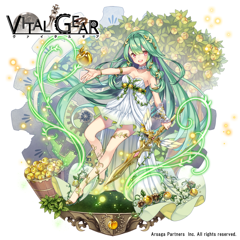 1girl :d apple armlet bangle bare_shoulders bracelet breasts bushel choker cleavage company_name copyright_name dress food fruit full_body gears golden_apple green_hair jewelry kasuka108 long_hair official_art open_mouth outstretched_hand pink_eyes plant small_breasts smile solo standing standing_on_one_leg sword tree very_long_hair vines vital_gear watermark weapon white_background white_choker white_dress