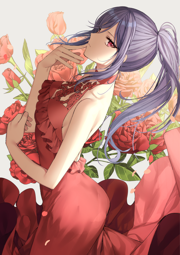 1girl bang_dream! bare_arms bare_shoulders blush breasts collarbone commentary_request dress fingernails flower gambe grey_background hands_up leaning_back long_hair looking_at_viewer looking_to_the_side parted_lips petals ponytail purple_hair red_dress red_eyes red_flower red_rose rose rose_petals seta_kaoru sleeveless sleeveless_dress small_breasts solo very_long_hair