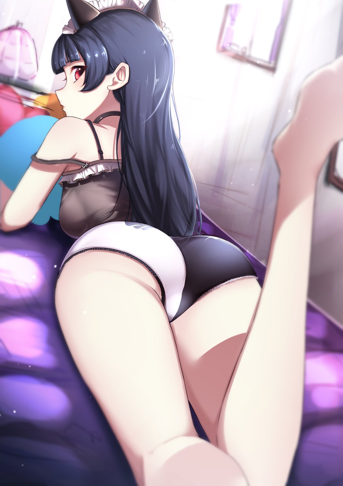 1girl animal_ears ass bangs bare_legs bare_shoulders barefoot bed_sheet black_choker black_hair blunt_bangs breasts camisole cat_ears choker commentary_request curtains day desk_lamp eyebrows_visible_through_hair fake_animal_ears highres indoors lamp leg_up long_hair looking_at_viewer looking_back love_live! love_live!_sunshine!! lying maid_headdress on_bed on_stomach otsumami_(otsu-mugi) panties red_eyes sideways_glance sleeveless small_breasts solo strap_slip tsushima_yoshiko underwear window