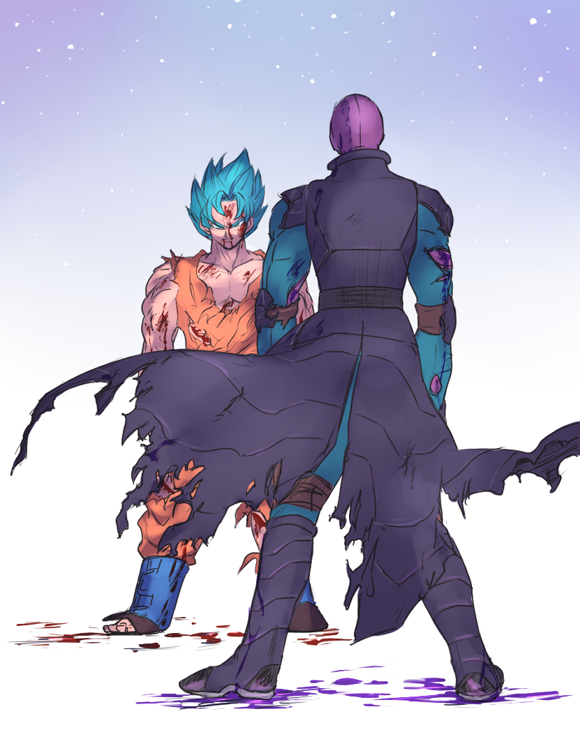 2boys arms_at_sides blood blood_on_face blood_splatter bloody_clothes blue_background blue_eyes blue_hair boots clothes_lift dirty dirty_clothes dirty_face dougi dragon_ball dragon_ball_super dragonball_z facing_away full_body gradient gradient_background grin hit_(dragon_ball) looking_at_another male_focus multiple_boys serious short_hair simple_background smile son_gokuu spiky_hair standing super_saiyan_blue suzuki_zentarou torn_clothes white_background