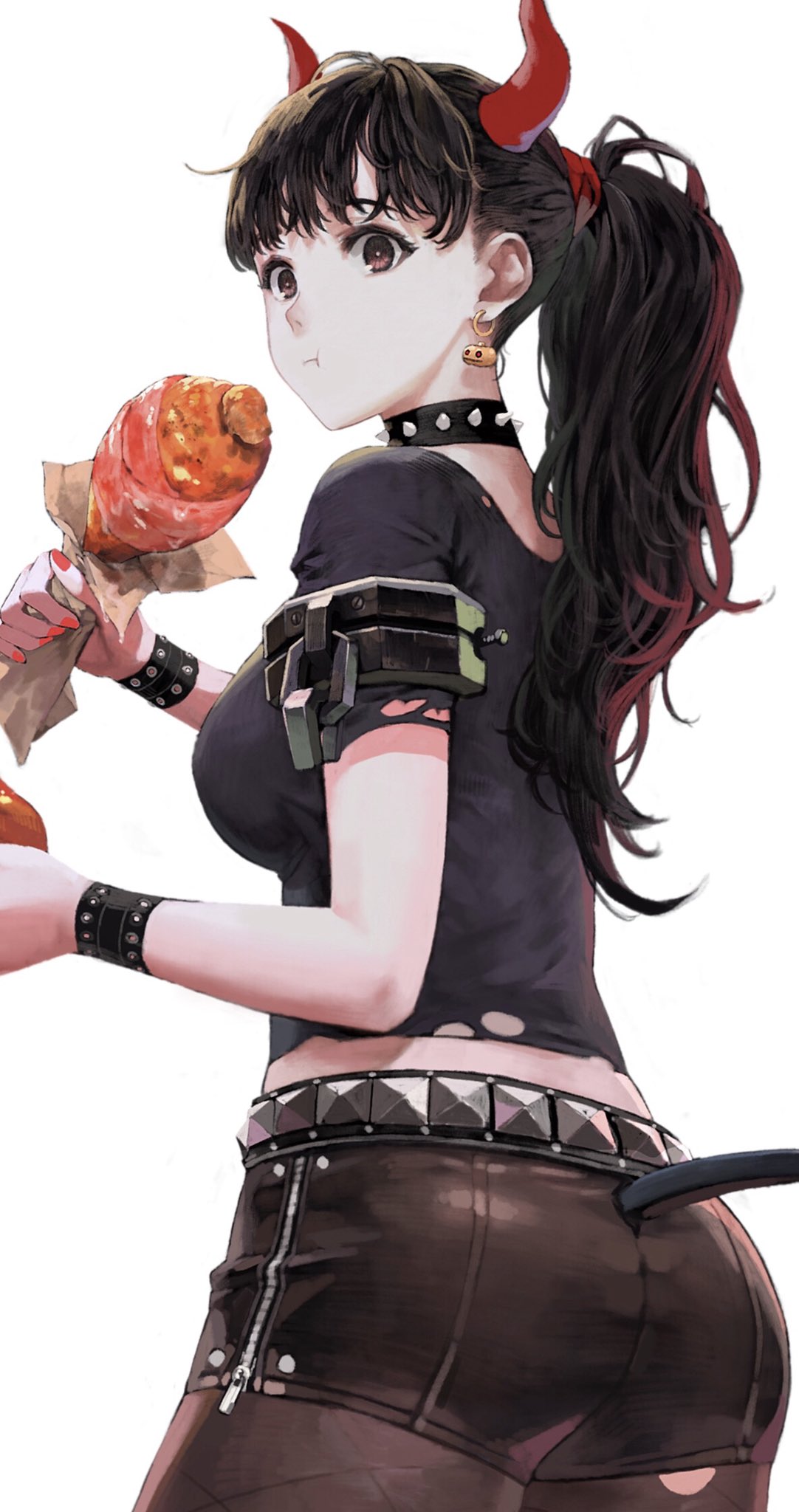 1girl belt black_hair bracelet collar earrings eating food hairband highres holding horns jewelry jun_(seojh1029) looking_back multicolored_hair nail_polish original pumpkin red_nails redhead simple_background solo spike spiked_collar spikes tail torn_clothes white_background