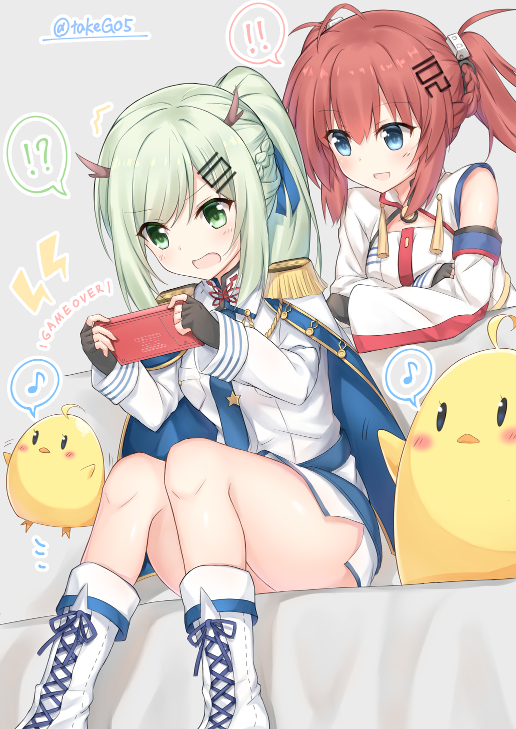 !! !? 2girls :d :o ahoge anshan_(azur_lane) azur_lane bird black_gloves blue_eyes blush boots braid cape chicken commentary_request cross-laced_footwear epaulettes fingerless_gloves french_braid fu_shun_(azur_lane) game_over gloves green_eyes green_hair grey_background hair_ornament hairclip handheld_game_console highres horns long_hair long_sleeves multiple_girls musical_note necktie open_mouth playing_games ponytail redhead sitting smile spoken_musical_note takeg05 twitter_username video_game