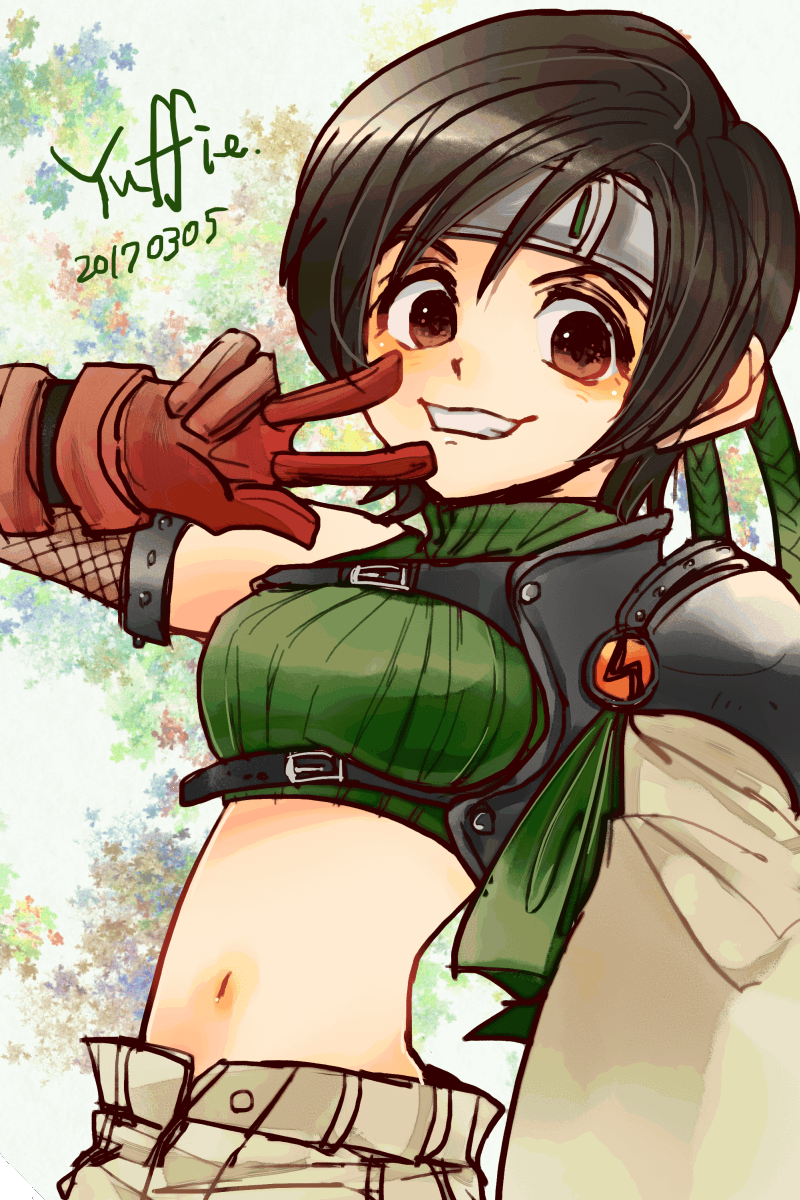 1girl breasts brown_hair commentary_request final_fantasy final_fantasy_vii gloves headband highres looking_at_viewer midriff ninja open_fly open_mouth short_hair shorts sleeveless sleeveless_turtleneck smile solo turtleneck unzipped yadoso yuffie_kisaragi