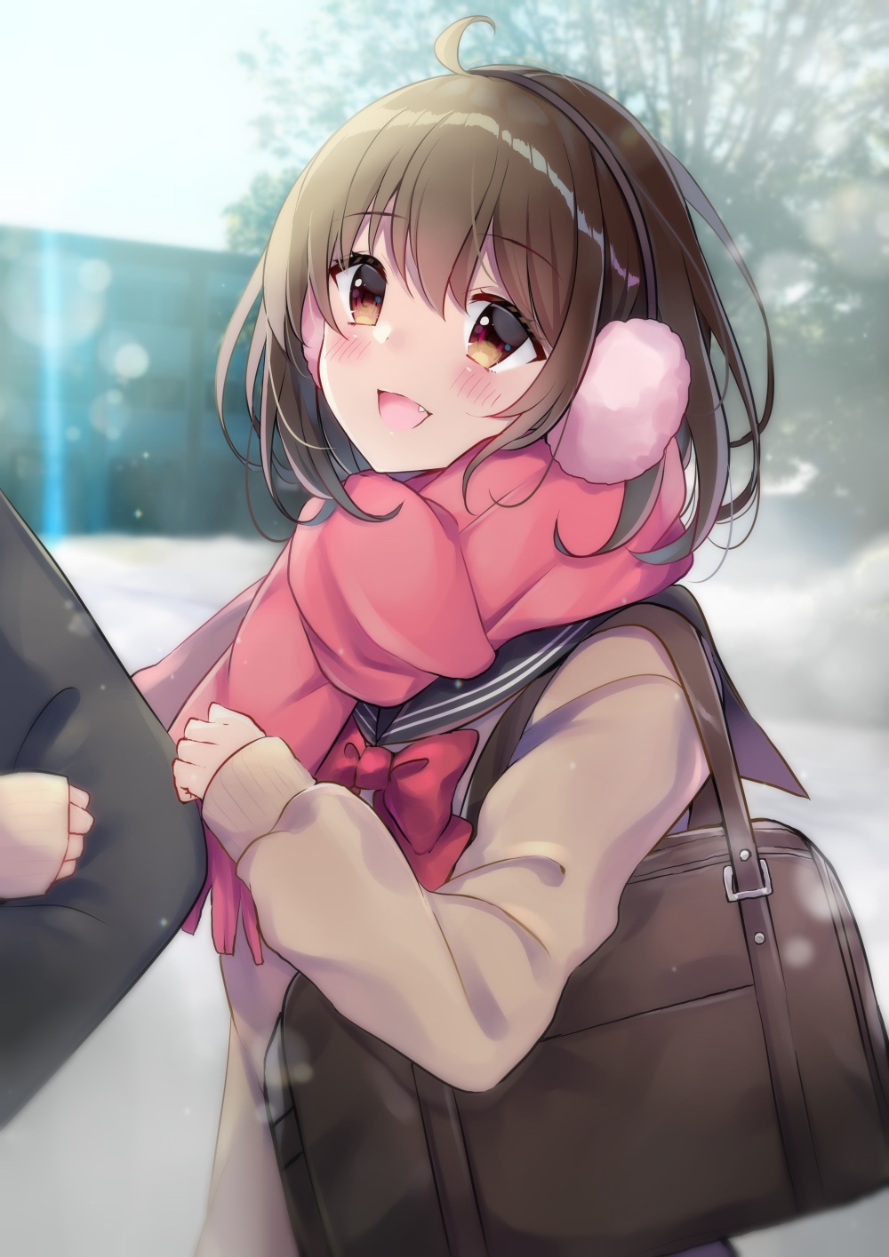 1girl :d ahoge bag bangs black_sailor_collar blush bow bowtie brown_eyes brown_hair brown_sweater commentary_request day earmuffs eyebrows_visible_through_hair fang fringe_trim hair_between_eyes head_tilt highres lens_flare locked_arms long_sleeves minami_saki open_mouth original out_of_frame outdoors pink_scarf red_neckwear sailor_collar scarf school_uniform serafuku sleeves_past_wrists smile snow solo_focus sunlight sweater upper_body