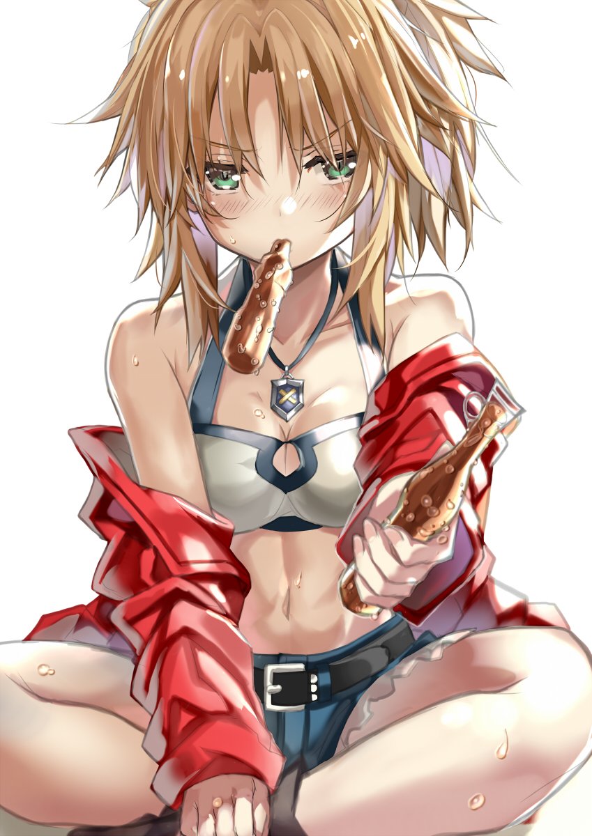 1girl bangs bare_legs bare_shoulders belt black_belt black_footwear blonde_hair blue_shorts breasts cleavage collarbone fate/apocrypha fate/grand_order fate_(series) fingernails food_request foreshortening green_eyes highres indian_style jacket jewelry looking_at_viewer medium_breasts medium_hair mordred_(fate) mordred_(fate)_(all) mouth_hold necklace off_shoulder parted_bangs reaching_out red_jacket shino_(eefy) shoes short_shorts shorts simple_background sitting solo sweat white_background
