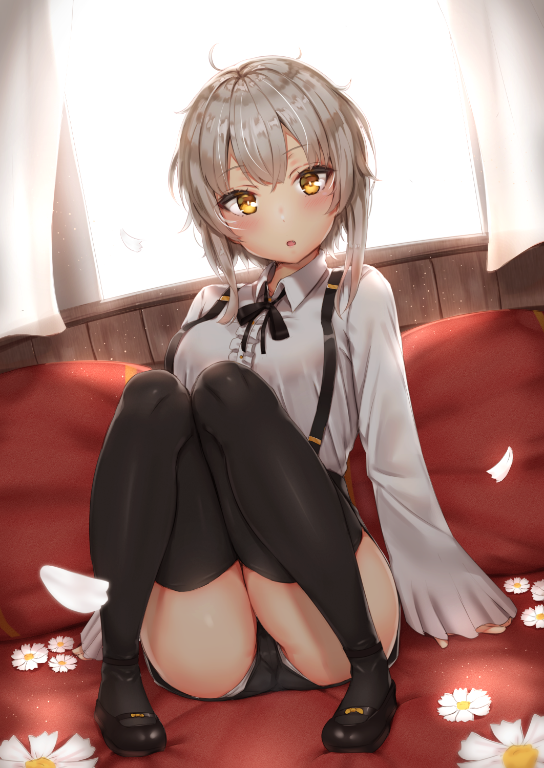 1girl :o ahoge arms_at_sides backlighting bangs black_footwear black_legwear black_neckwear black_ribbon black_shorts blonde_hair blush breasts bright_pupils center_frills collared_shirt commentary_request couch eyebrows_visible_through_hair fang flower frilled_shirt frills full_body grey_hair head_tilt highres indoors knees_together_feet_apart knees_up long_sleeves looking_at_viewer mary_janes medium_breasts neck_ribbon on_couch original panties pantyshot pantyshot_(sitting) parted_lips reinama ribbon shirt shoes short_hair_with_long_locks shorts sidelocks sitting sleeves_past_wrists solo suspender_shorts suspenders underwear upshorts white_flower window wing_collar
