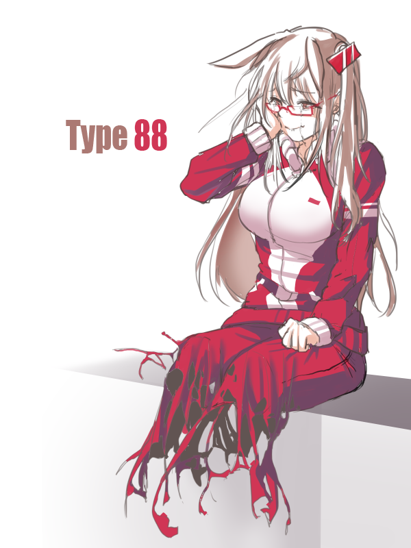 1girl animal_ears breasts commentary_request crying crying_with_eyes_open girls_frontline hair_ornament hand_on_own_face large_breasts long_hair missing_limb red_track_suit sd_bigpie solo tears torn_clothes track_suit type_88_(girls_frontline)