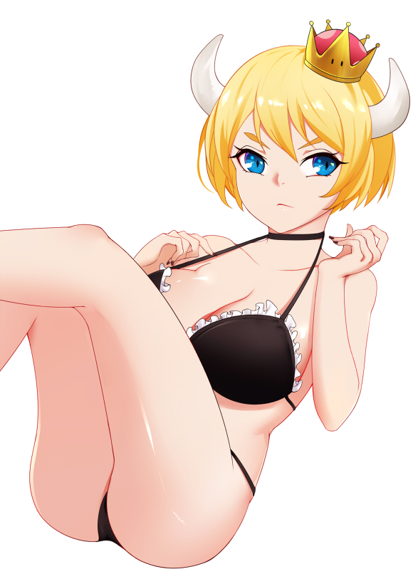 1girl alternate_hair_length alternate_hairstyle ass bikini black_bikini black_choker black_nails blonde_hair blue_eyes bowsette breasts choker crown frilled_bikini_top horns large_breasts looking_at_viewer super_mario_bros. nail_polish new_super_mario_bros._u_deluxe nintendo shito_zhizhen short_hair simple_background solo strap_gap super_crown swimsuit white_background