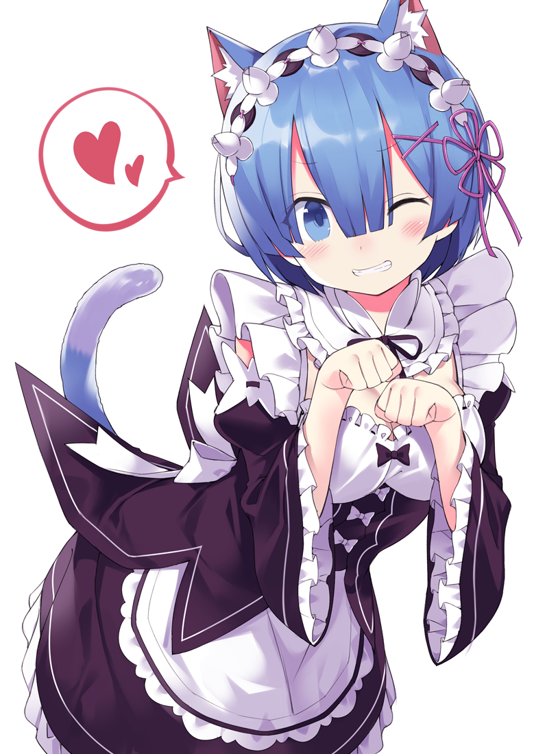 1girl animal_ear_fluff animal_ears apron bangs black_ribbon blue_eyes blue_hair blush bow brown_bow brown_dress brown_sleeves cat_ears cat_girl cat_tail commentary_request detached_sleeves dress eyebrows_visible_through_hair frilled_dress frills grin hair_between_eyes hair_ornament hair_ribbon hairclip hands_up head_tilt heart juliet_sleeves kemonomimi_mode kuhotaka long_sleeves looking_at_viewer one_eye_closed paw_pose pink_ribbon puffy_sleeves re:zero_kara_hajimeru_isekai_seikatsu rem_(re:zero) ribbon ribbon-trimmed_sleeves ribbon_trim simple_background smile solo spoken_heart tail tail_raised white_apron white_background white_bow wide_sleeves x_hair_ornament