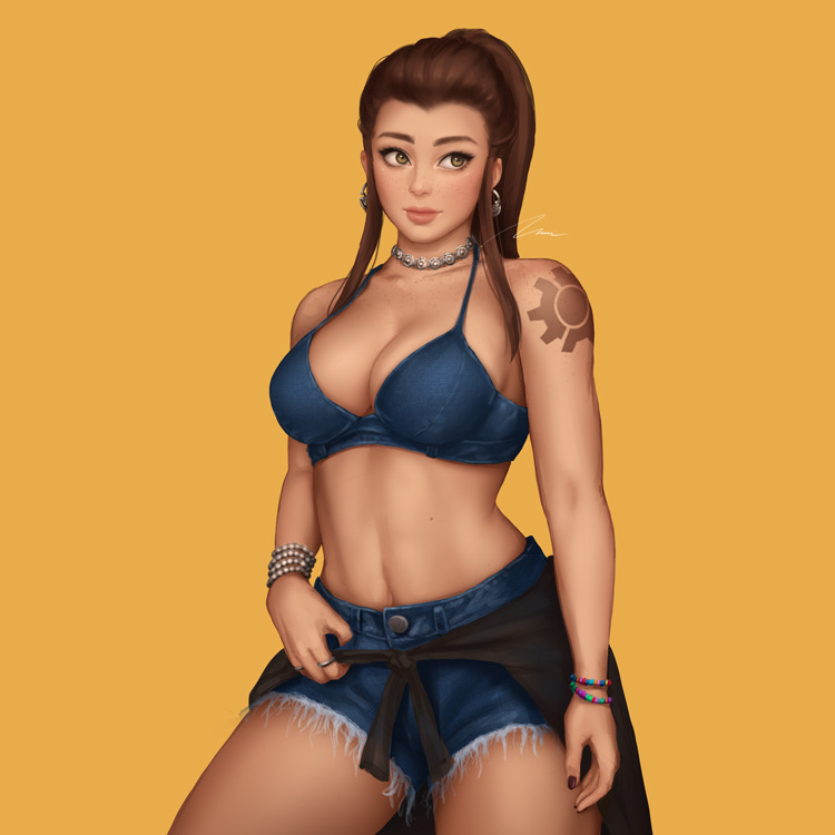 1girl bracelet breasts brigitte_(overwatch) brown_eyes brown_hair cleavage clothes_around_waist cowboy_shot cutoffs denim denim_shorts earrings freckles jewelry lips long_hair looking_to_the_side midriff nail_polish necklace nose overwatch ponytail ring shorts shoulder_tattoo signature simple_background solo tattoo umigraphics yellow_background