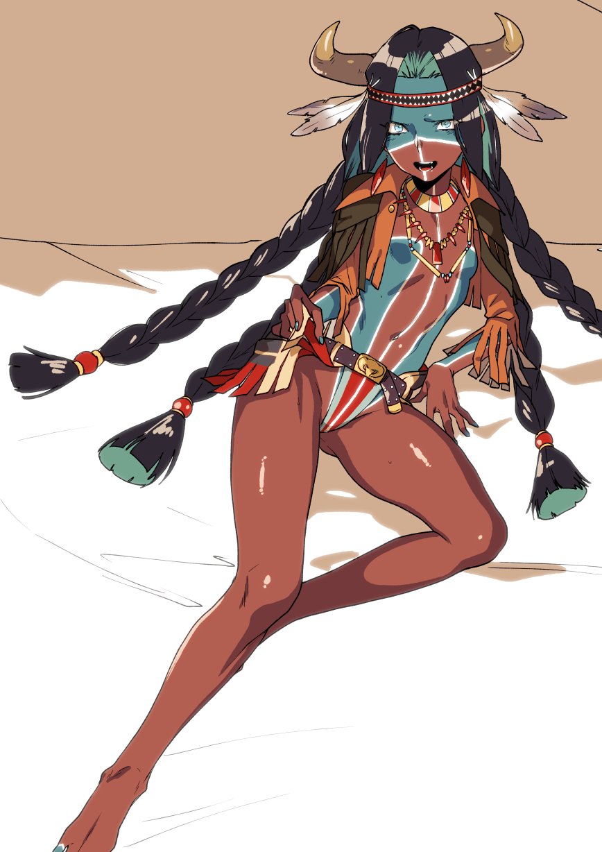 1girl barefoot belt black_hair blue_eyes blue_nails bodypaint braids dark_skin earrings facepaint fate/grand_order fate_(series) feather geronimo_(fate/grand_order) headdress highres horns jacket jewelry kbtmsboy long_hair looking_at_viewer nail_polish native_american navel necklace open_mouth sitting small_breasts smile solo teeth very_long_hair