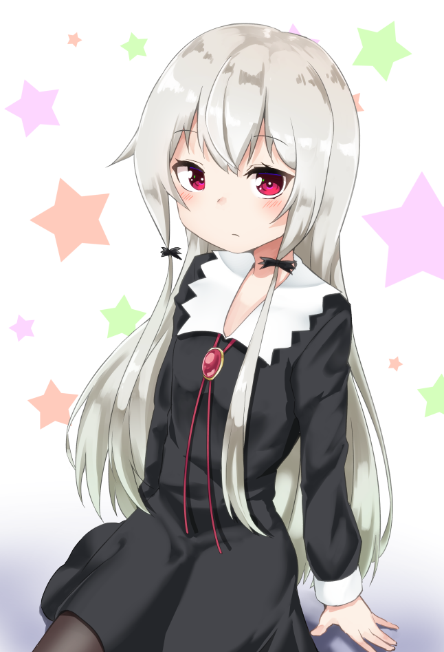 1girl bangs black_dress blush brown_legwear closed_mouth dress eyebrows_visible_through_hair grey_hair hair_between_eyes hair_ornament long_hair long_sleeves looking_at_viewer nenosame pantyhose red_eyes solo sophie_twilight star starry_background tonari_no_kyuuketsuki-san very_long_hair white_background