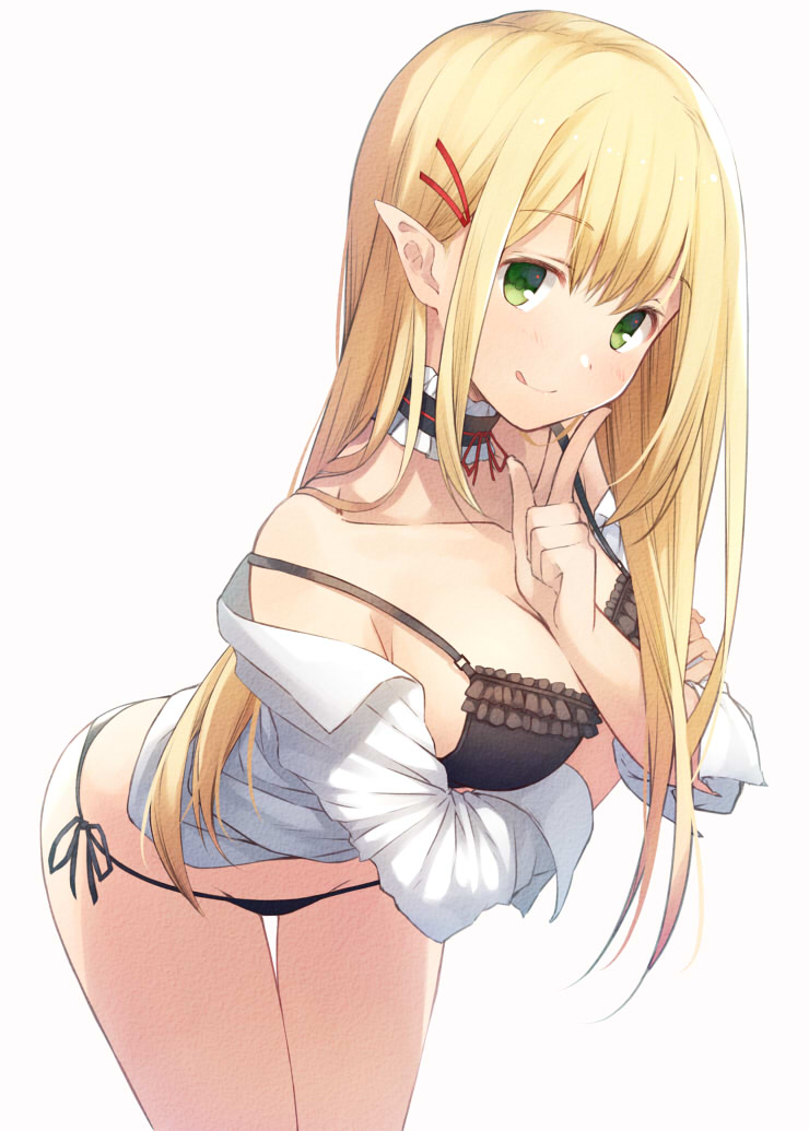 1girl :q armpit_crease bangs bare_shoulders black_bra black_panties blonde_hair blush bra breast_hold breasts choker cleavage closed_mouth collarbone collared_shirt commentary_request cowboy_shot elf frilled_bra frilled_choker frills green_eyes groin hair_ornament hairclip head_tilt index_finger_raised leaning_forward leyte long_hair long_sleeves medium_breasts off_shoulder original panties pointy_ears shirt side-tie_panties sidelocks simple_background sleeves_folded_up smile solo standing strap_slip thigh_gap tongue tongue_out underwear white_background white_shirt