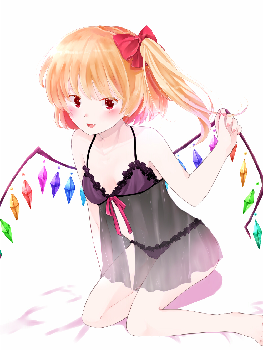 1girl :d arm_support bed_sheet blonde_hair blush bow bra breasts cleavage collarbone flandre_scarlet floating_hair frilled_bra frills hair_bow highres lingerie long_hair looking_at_viewer nail_polish neck_ribbon negligee open_mouth pink_nails purple_bra red_bow red_eyes red_ribbon ribbon see-through side_ponytail simple_background sitting small_breasts smile solo touhou underwear underwear_only white_background wings yurara_(aroma42enola)
