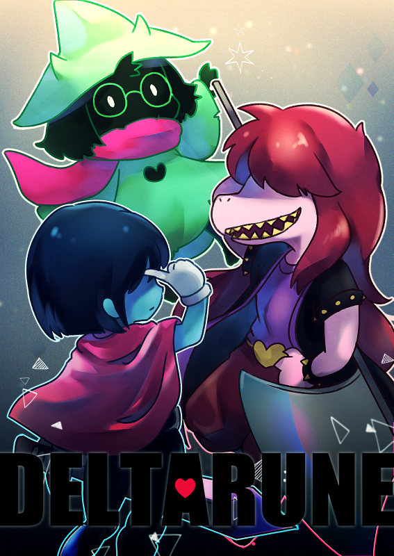 2others androgynous axe black_hair black_jacket blue_skin bracelet cape copyright_name deltarune green_hat grey_background hair_over_eyes hand_up hat index_finger_raised jacket jewelry kris_(deltarune) multiple_others pink_scarf ralsei red_cape scarf sen1986 sharp_teeth spiked_bracelet spikes standing susie_(deltarune) sword teeth weapon