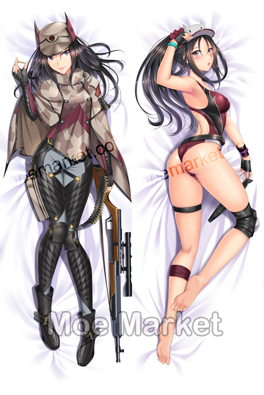 1girl ass barefoot bed_sheet beiyu black_gloves black_hair blue_eyes blush boots bracelet breasts bullet capelet dakimakura fingerless_gloves full_body gloves gun hat jewelry kai_schren knee_pads long_hair looking_at_viewer lying medium_breasts multiple_views on_back on_side one-piece_swimsuit open_mouth pants ponytail rifle senjou_no_valkyria senjou_no_valkyria_4 skindentation smile solo swimsuit thigh_strap visor_cap watermark weapon