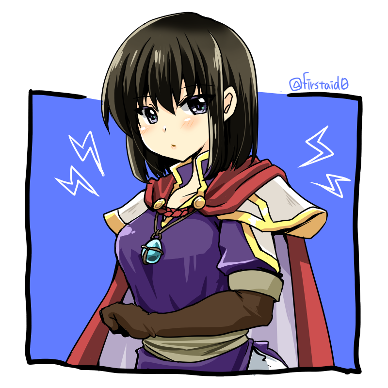 black_hair blue_background blue_eyes blush breasts brown_gloves cape elbow_gloves fire_emblem fire_emblem:_thracia_776 gloves jewelry leather leather_gloves lightning_bolt looking_at_viewer medium_breasts nintendo olwen_(fire_emblem) pendant shirt short_hair simple_background straight_hair twitter_username two-tone_background upper_body white_background yukia_(firstaid0)